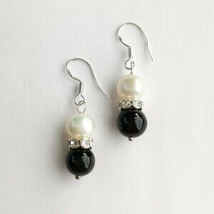 White Freshwater Pearl black onyx dangle drop earrings sterling silver 🆕